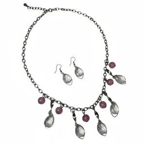 Vintage Silver Tone Necklace & Earrings Set Pink Glass Beads Teardrop Charms